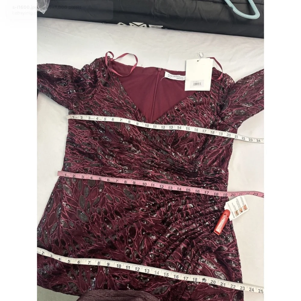 NWT $698 Mac Duggal‎ [ 16 ] Long Sleeve Ruched Sequined V Neck Gown Garnet Red